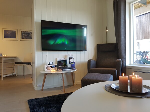 Ein modernes Wohnzimmer mit einem Flachbildfernseher, der das Polarlicht zeigt, einer gemütlichen Sitzecke mit Sessel und Hocker, einem kleinen Tisch mit Radio und Büchern sowie einem Fenster mit Blick auf Fahrräder draußen.
