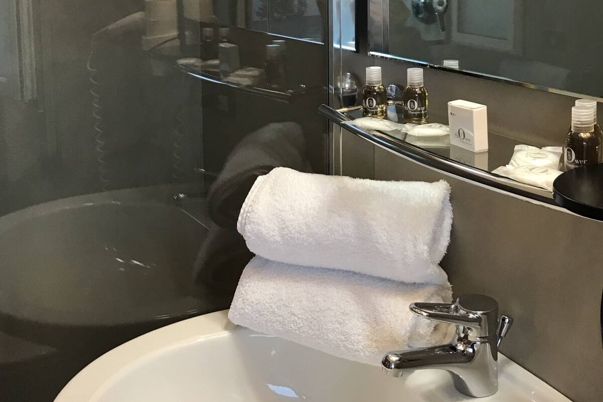 A modern bathroom with a glass shower enclosure, a white sink, and a mirror above the sink.