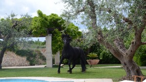 Un caballo negro cerca de una piscina, rodeado de follaje y un muro de piedra.