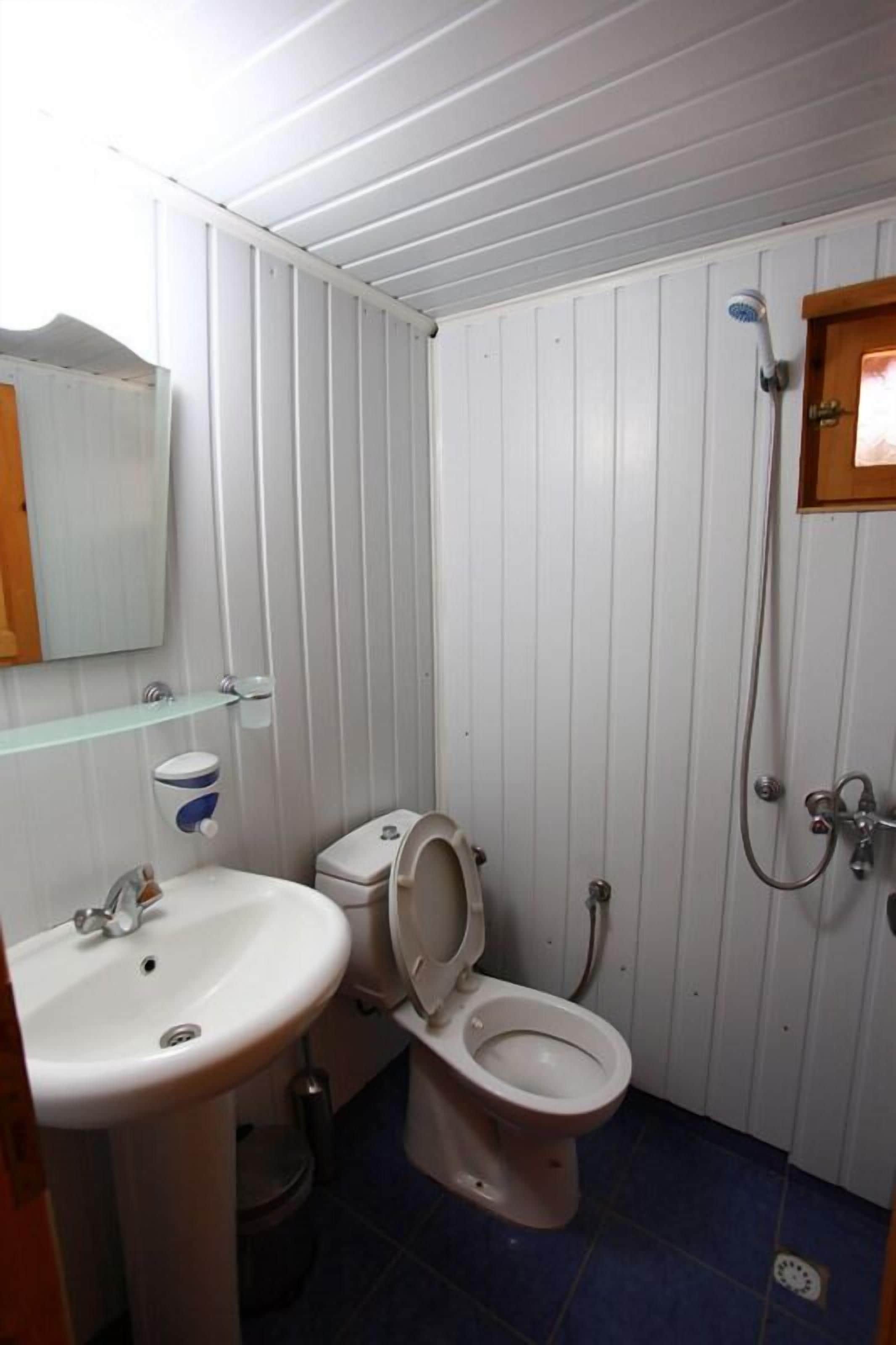 Une petite salle de bain compacte avec un lavabo, des toilettes et une douche, le tout de couleur blanche.
