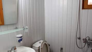 Ein kleines, kompaktes Badezimmer mit Waschbecken, Toilette und Dusche, alles in Weiß.