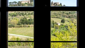 Une fenêtre offrant quatre vues : un vignoble, une colline bordée d’arbres, un bâtiment doté d’une tour et un paysage lointain avec un autre bâtiment.