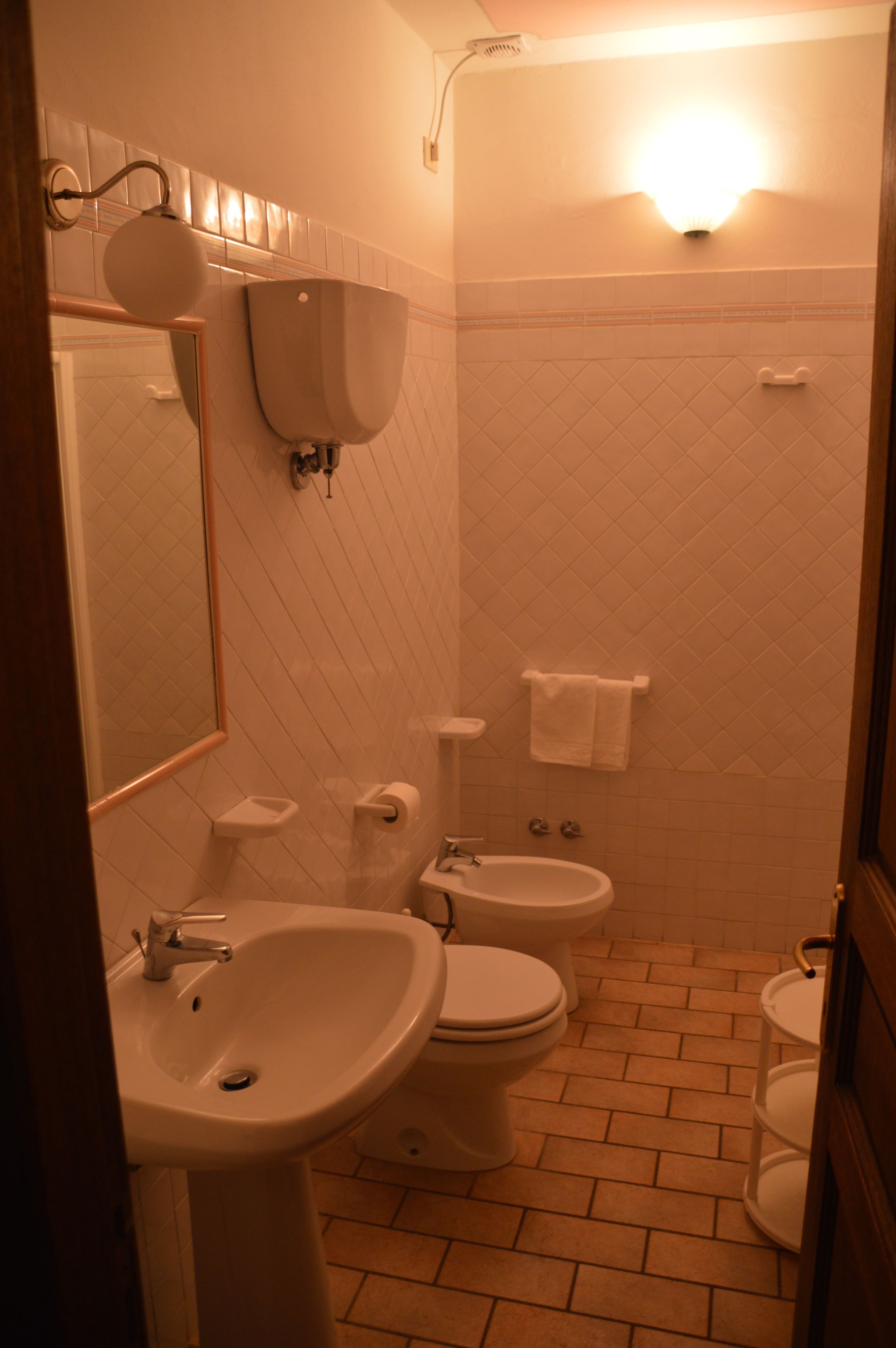 A bathroom with a sink, two toilets, a mirror, and a towel rack.