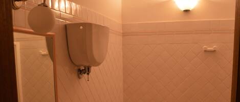 A bathroom with a sink, two toilets, a mirror, and a towel rack.
