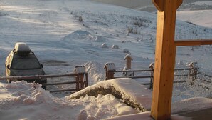 Un paisaje nevado con una valla de madera y un vehículo cubierto de nieve.