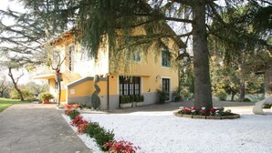 A yellow house with a stone pathway leading to the entrance, surrounded by trees and a gravel driveway. - La Stregatta B&B (Fucecchio)