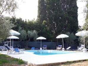 A swimming pool with white umbrellas and blue lounge chairs. - La Stregatta B&B (Fucecchio)