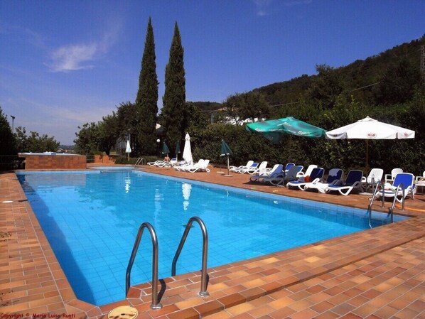 حمّام سباحة خارجي موسمي، مظلات على حمّام السباحة، مقاعد للتشمس