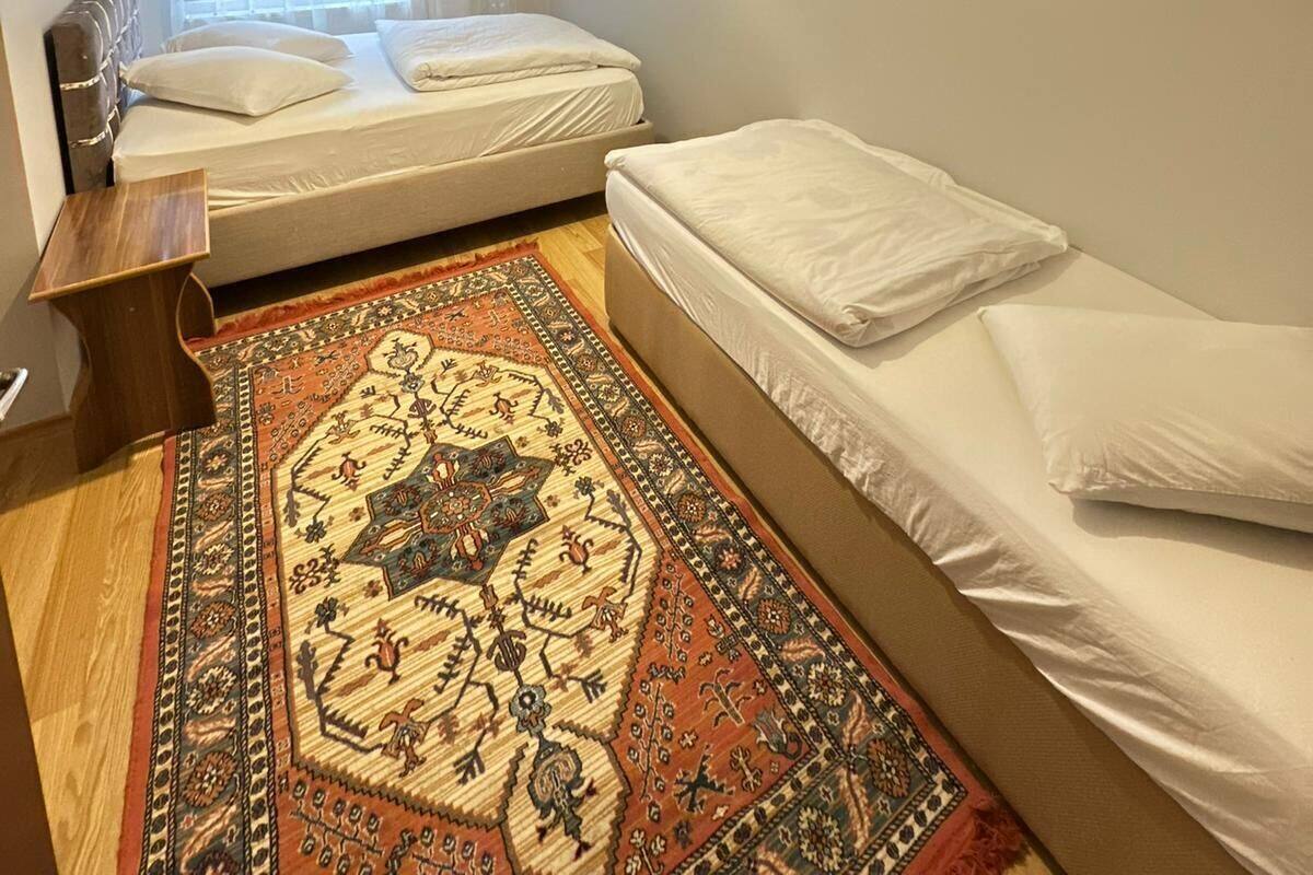A bedroom with two beds, a patterned rug, a ceiling light, and a window with curtains.
