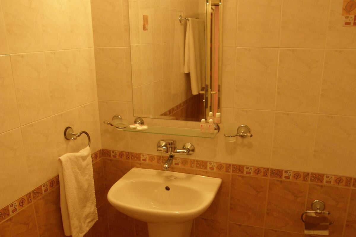 Un baño con lavamanos, espejo, toallero y un pequeño estante con artículos de aseo.
