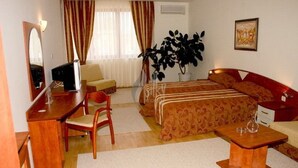 Habitación de hotel con cama, escritorio, silla, televisor y una planta grande.