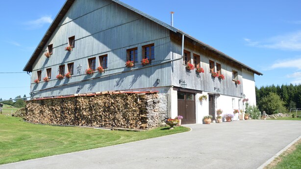 A large, rustic building with a stone foundation, multiple windows with flower boxes, and a well-maintained lawn. - La ferme Morin la Ronde Fontaine (Fournet-Blancheroche)