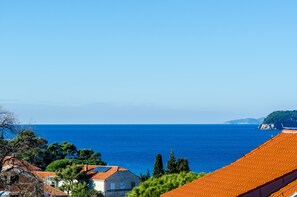 Vista costeira com céu claro, mar azul e edifícios com telhados laranja.