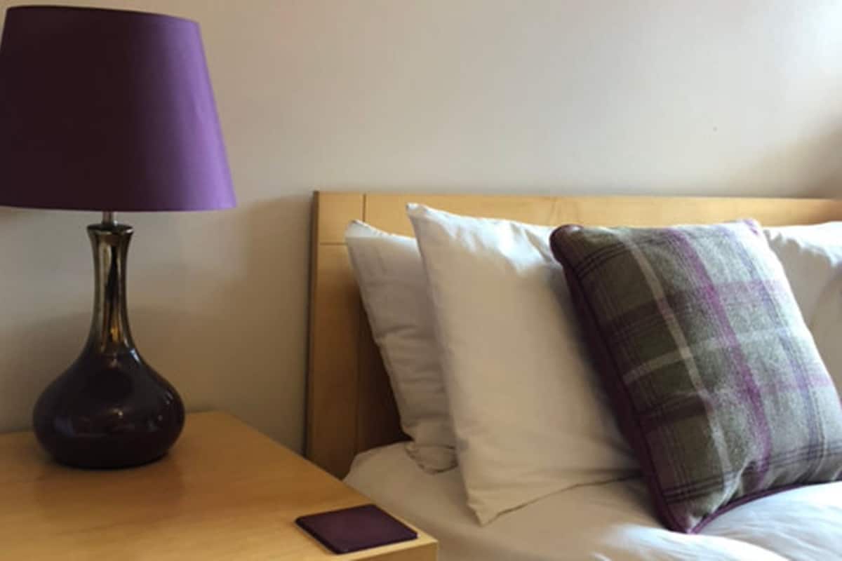 Habitación de hotel con cabecera de madera, mesita de noche con lámpara y cama con almohadas blancas y escocesas.