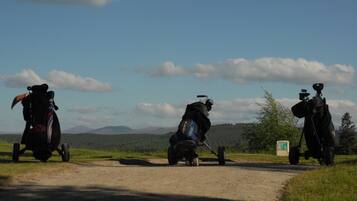 A dirt road with three golf carts parked on the side.