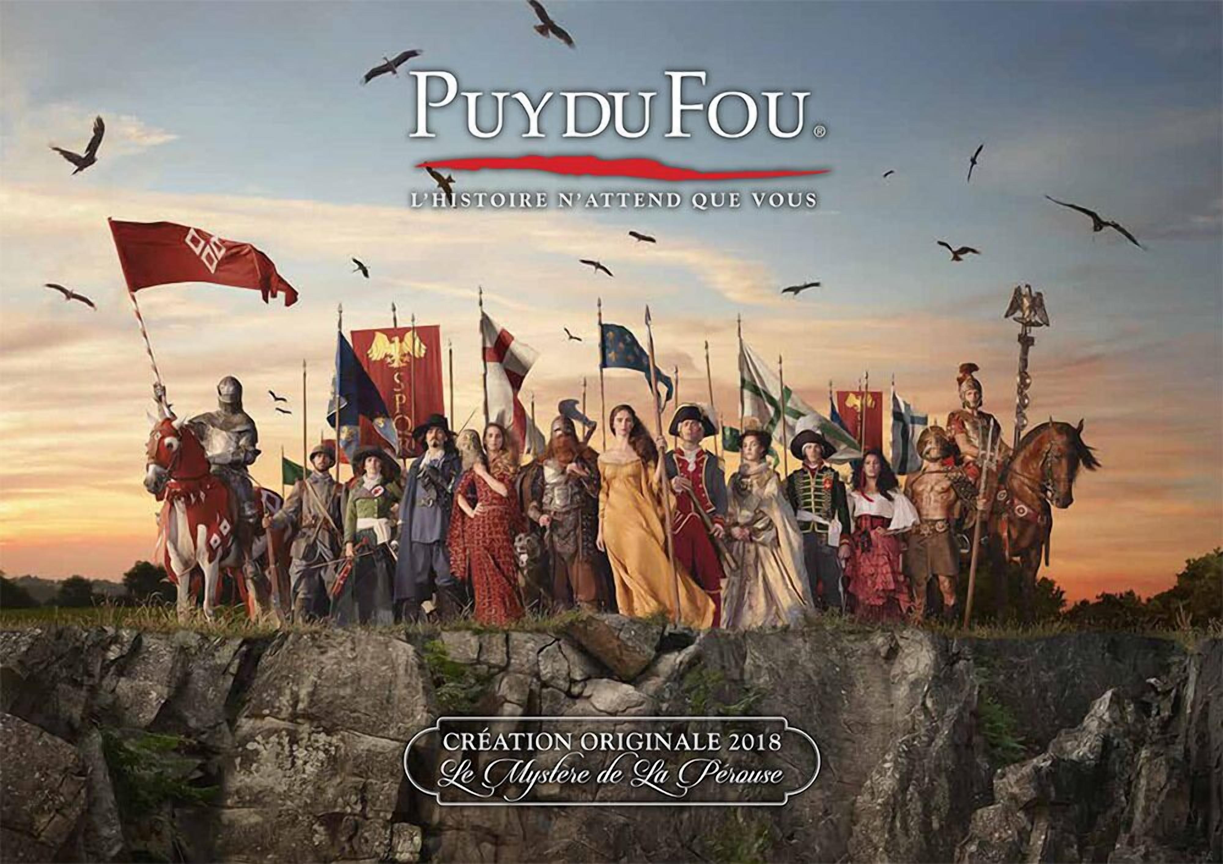 A historical reenactment scene with various figures in period costumes and flags, set against a backdrop of a sunset sky.
