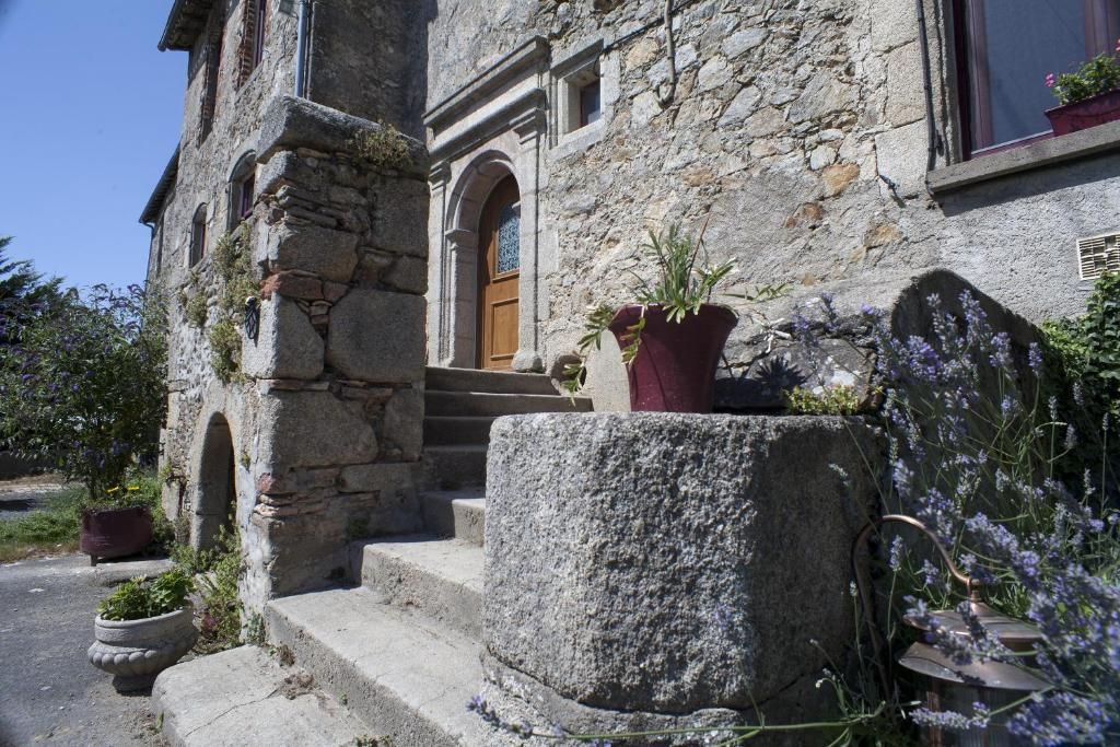 A stone building with a wooden door, steps, and potted plants.