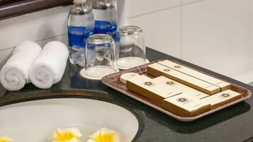 Shower, free toiletries, hair dryer, slippers