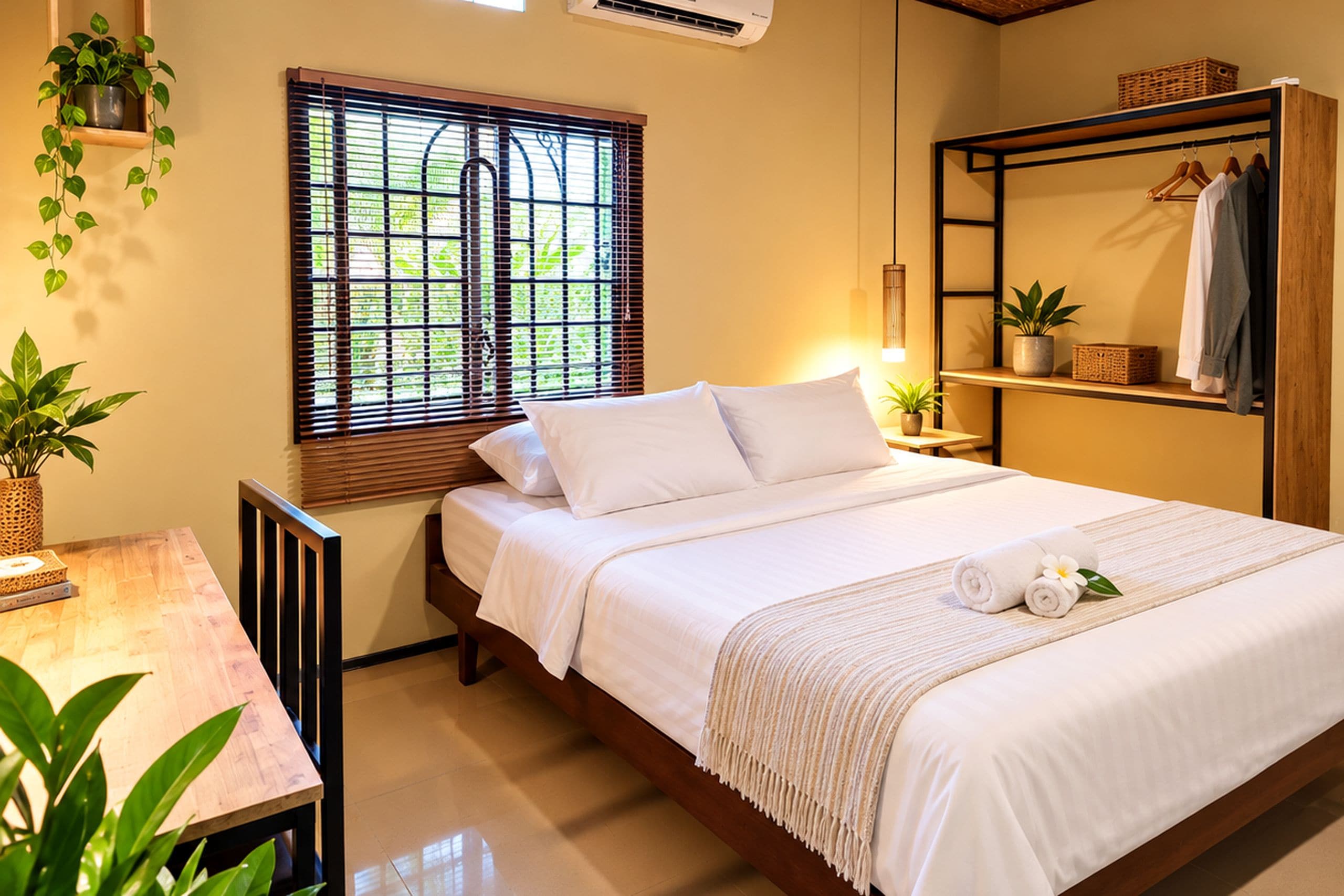 A neatly arranged bedroom with a bed, bedside tables, a shelf with clothes, and potted plants.