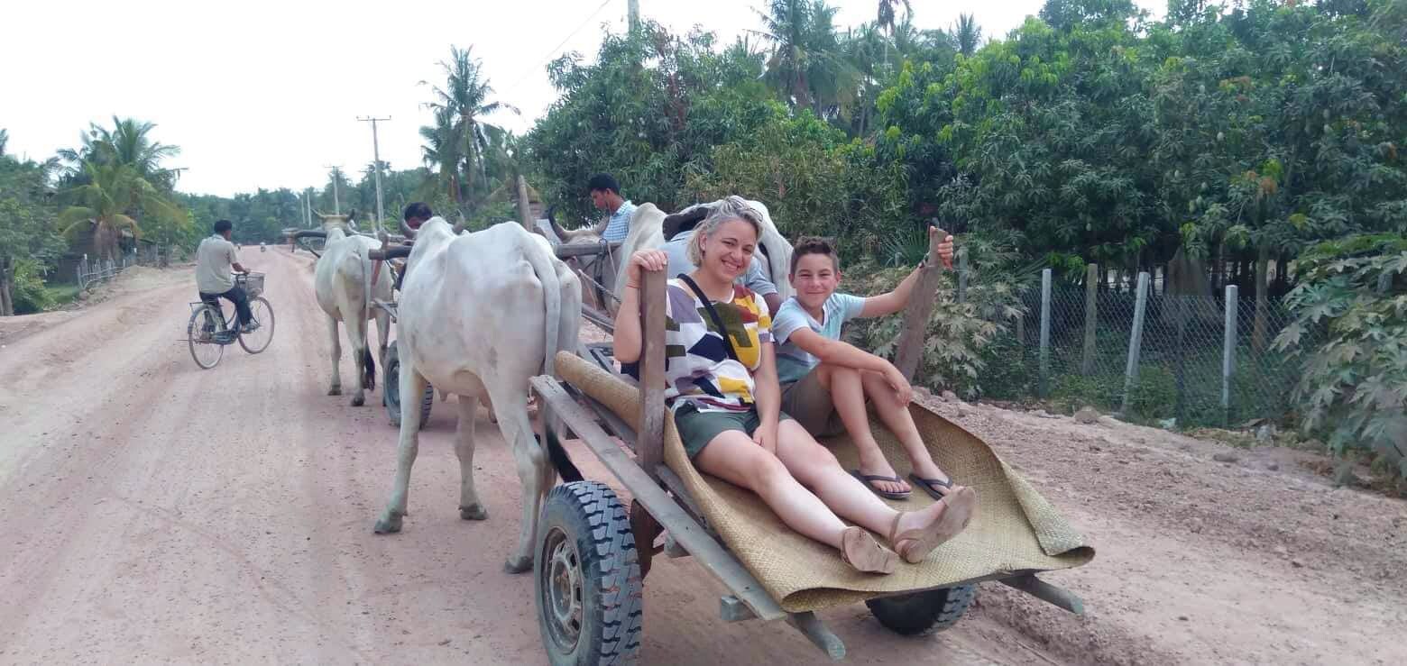A rural road with a cart pulled by oxen, carrying two passengers.