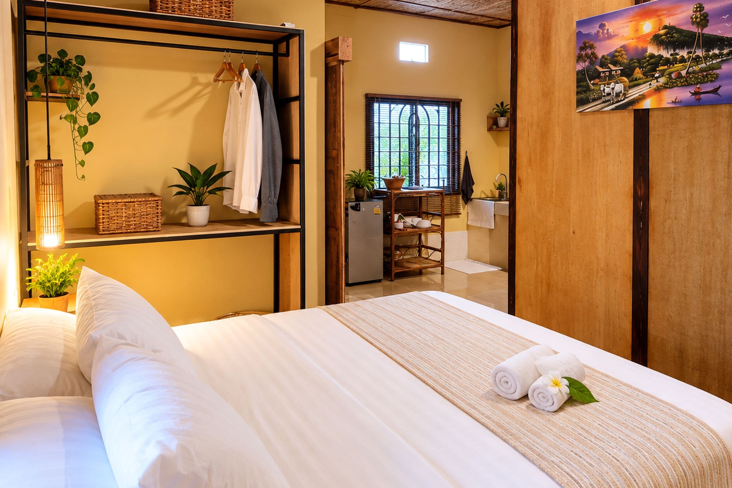 Quarto de hotel com uma cama, uma pequena mesa com uma planta, uma janela com persianas e um quadro na parede.