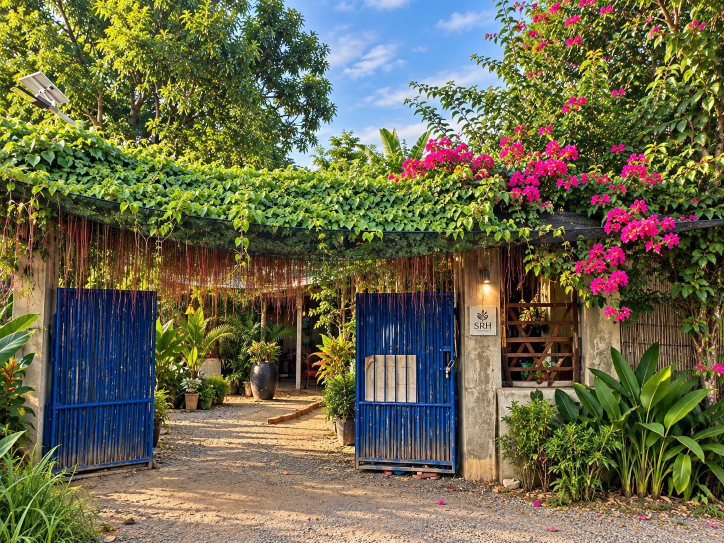 A garden entrance with a blue gate, lush greenery, and flowering plants.