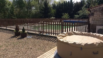 Seasonal outdoor pool, pool umbrellas, pool loungers