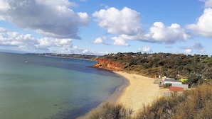 Ein Strand mit klarem Wasser, sandigem Ufer und einer bewaldeten Hügelskante.