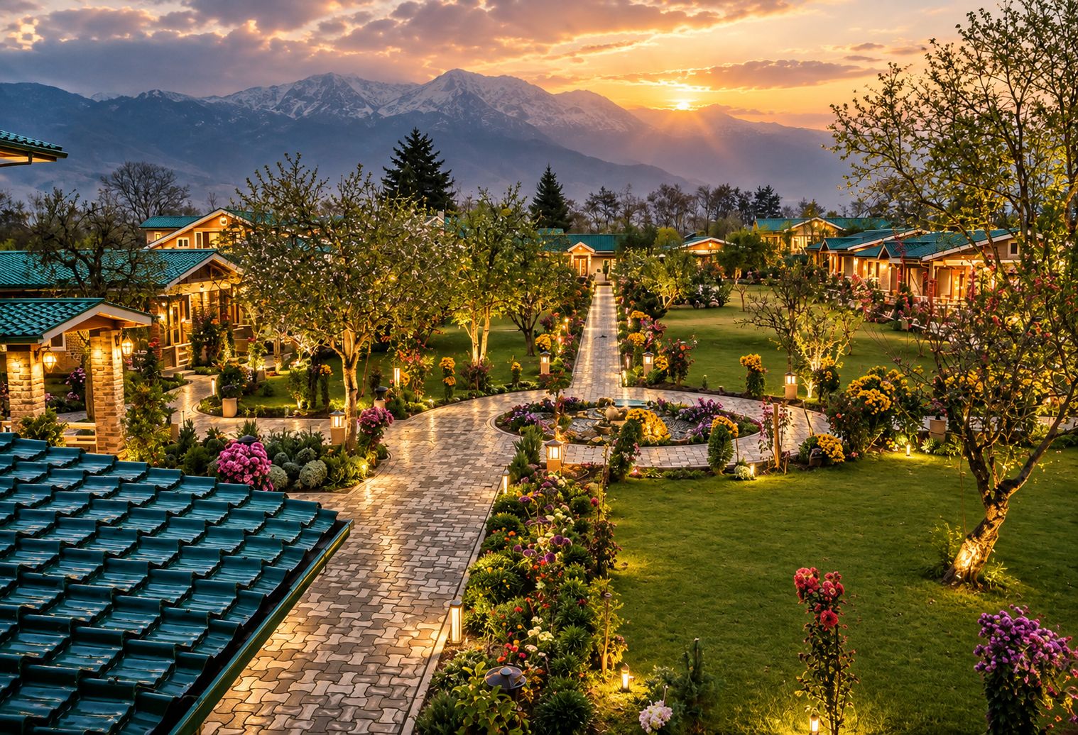 A resort with multiple buildings, a central pathway, and a mountainous backdrop.