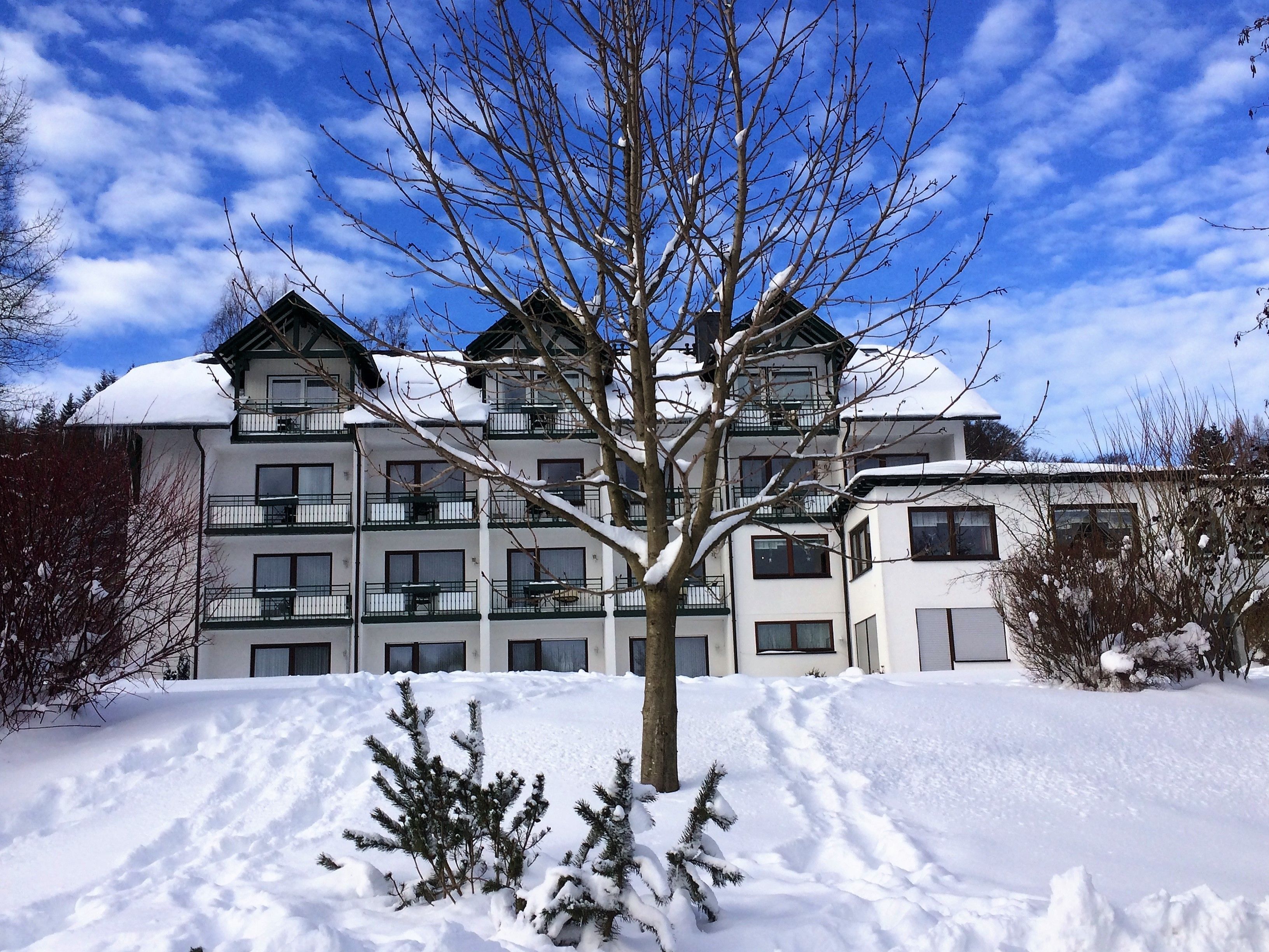 Un hotel de diverses plantes amb balcons, envoltat de terra i arbres coberts de neu.