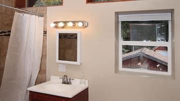 Combined shower/tub, hair dryer, towels