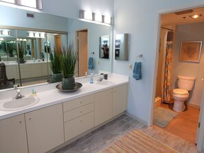 Combined shower/bathtub, hair dryer, towels