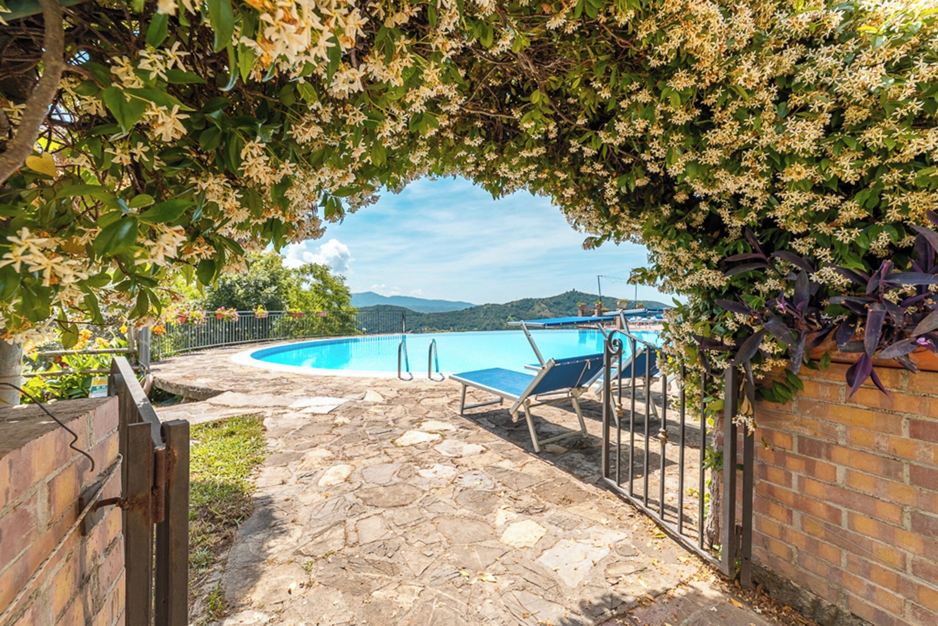 A stone-paved pool area with a clear blue pool, two lounge chairs, and a brick wall with climbing plants.