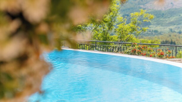 Vista despejada de una piscina con barandilla metálica y montañas al fondo.