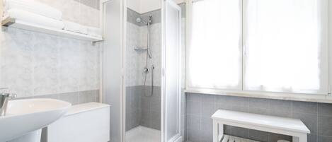 A modern bathroom with a glass-enclosed shower, a white sink, and a toilet.