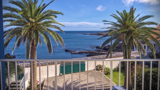 Un balcon avec vue sur l’océan, des palmiers et un portail vert.