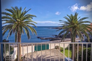 Un balcone con vista sull'oceano, palme e un cancello verde.