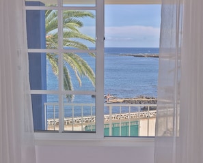 A view through a window with a white frame, overlooking a body of water, a rocky shoreline, and a palm tree.