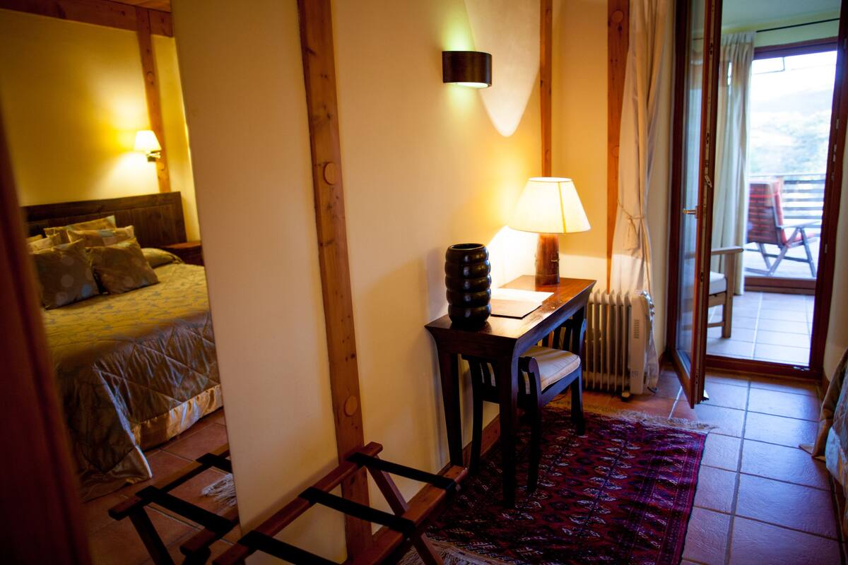 A hotel room with a bed, a desk with a lamp, a radiator, and a view of the outside balcony.