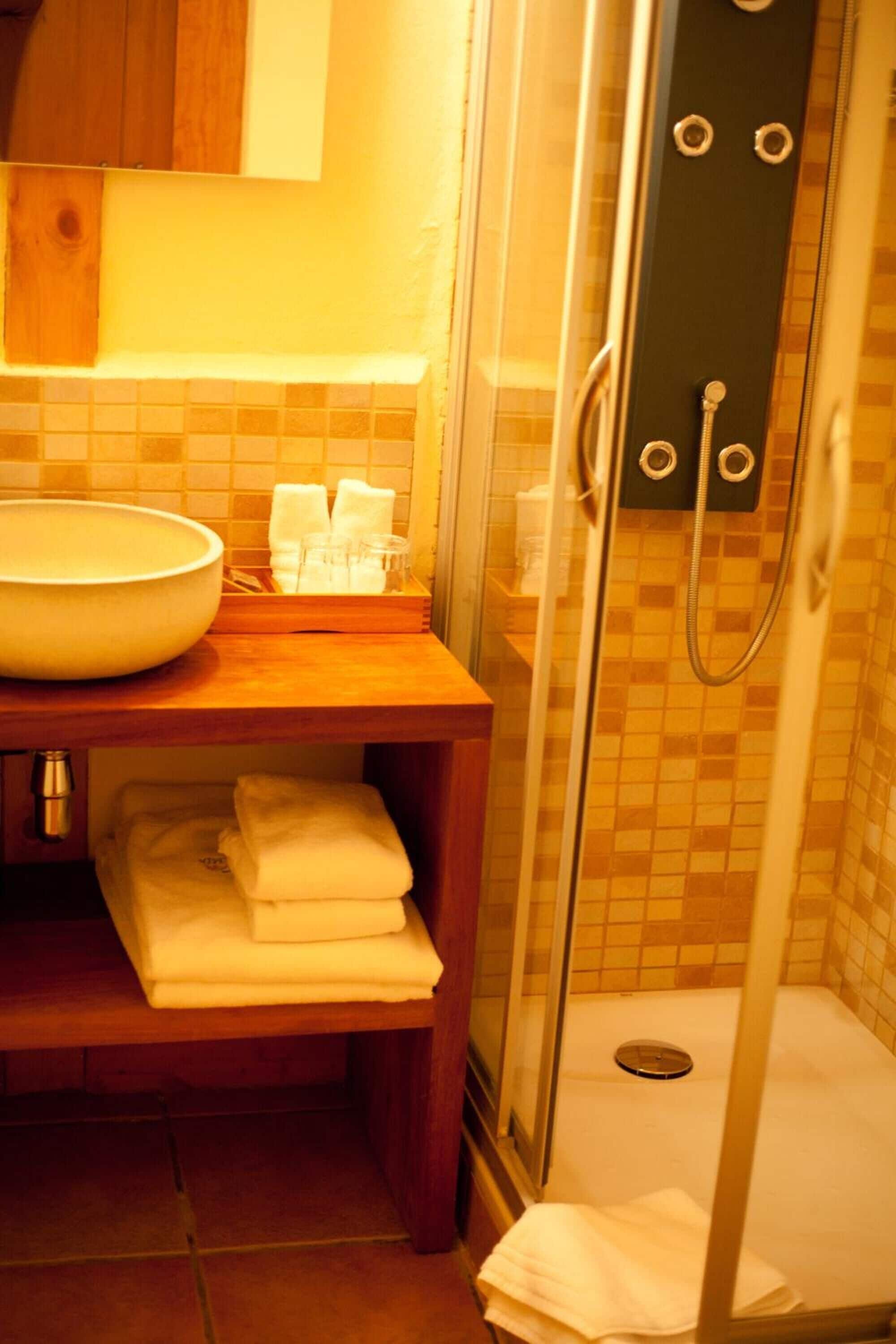 A bathroom with a wooden vanity, a large sink, and a glass-enclosed shower area.