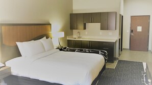 Una habitación de hotel con una cama, un escritorio, un lavamanos y una puerta.