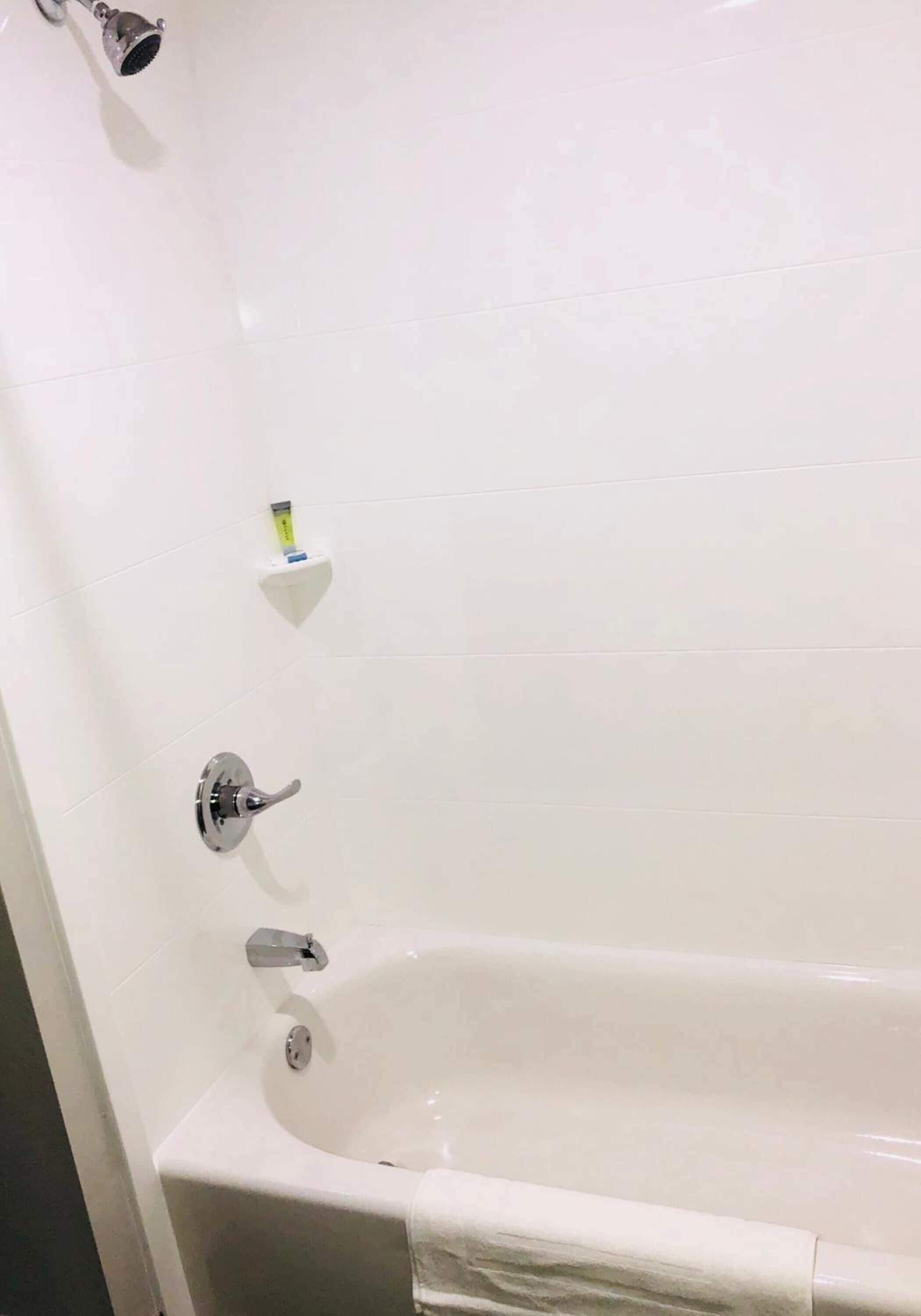 combined shower/bathtub, free toiletries, hair dryer, towels
