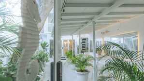 Espaço ao ar livre coberto, com plantas em vasos e uma porta de vidro que dá para um edifício.