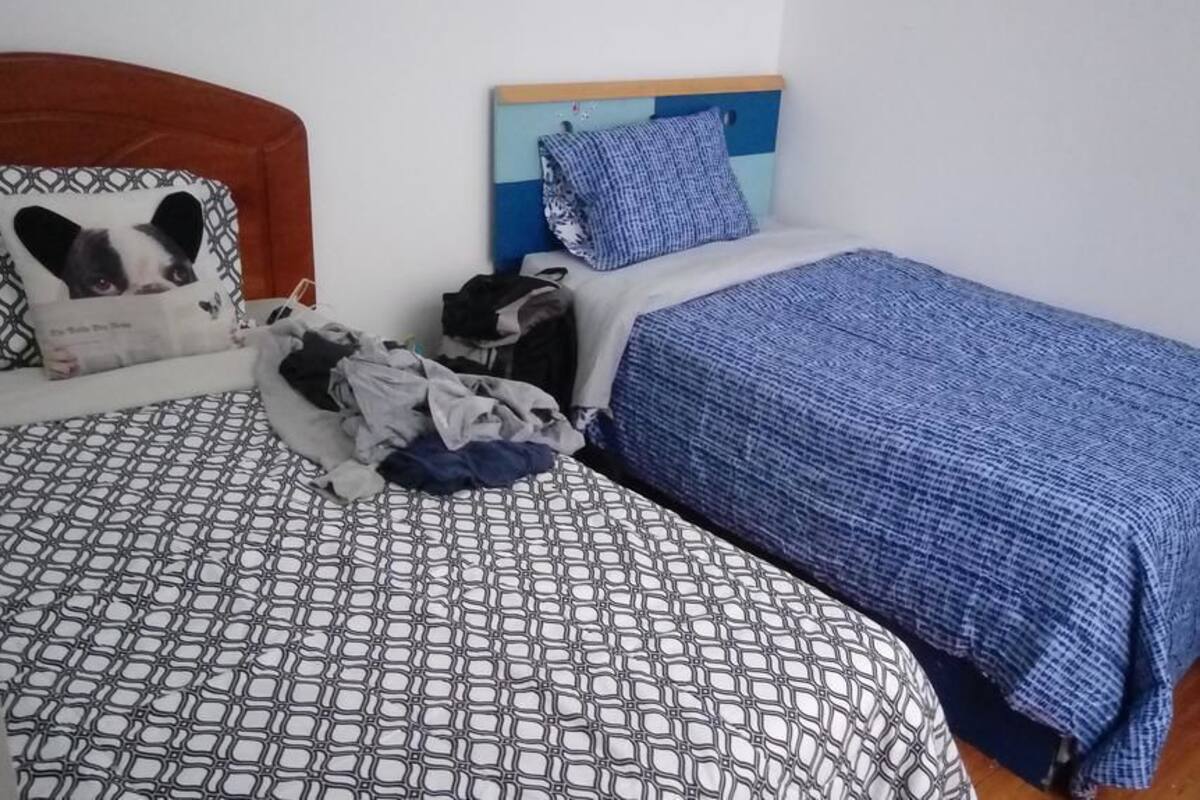 Une chambre à coucher avec une couvre-lit à motifs, une couverture bleue et un oreiller orné d’une image de chien.