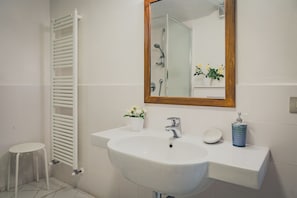 Chambre de base double ou avec lits jumeaux, salle de bains commune | Salle de bain | Douche, articles de toilette (gratuits), séchoir à cheveux, peignoirs