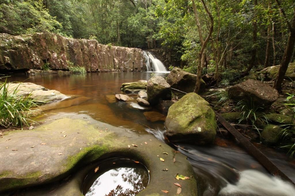Una cascada natural en un área boscosa con un arroyo cristalino y rocas.