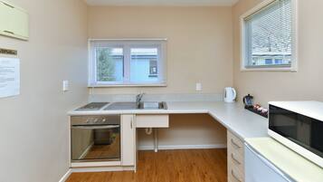 A compact kitchen with a built-in oven, a sink, and a microwave.