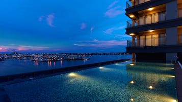 Outdoor pool, pool umbrellas, pool loungers
