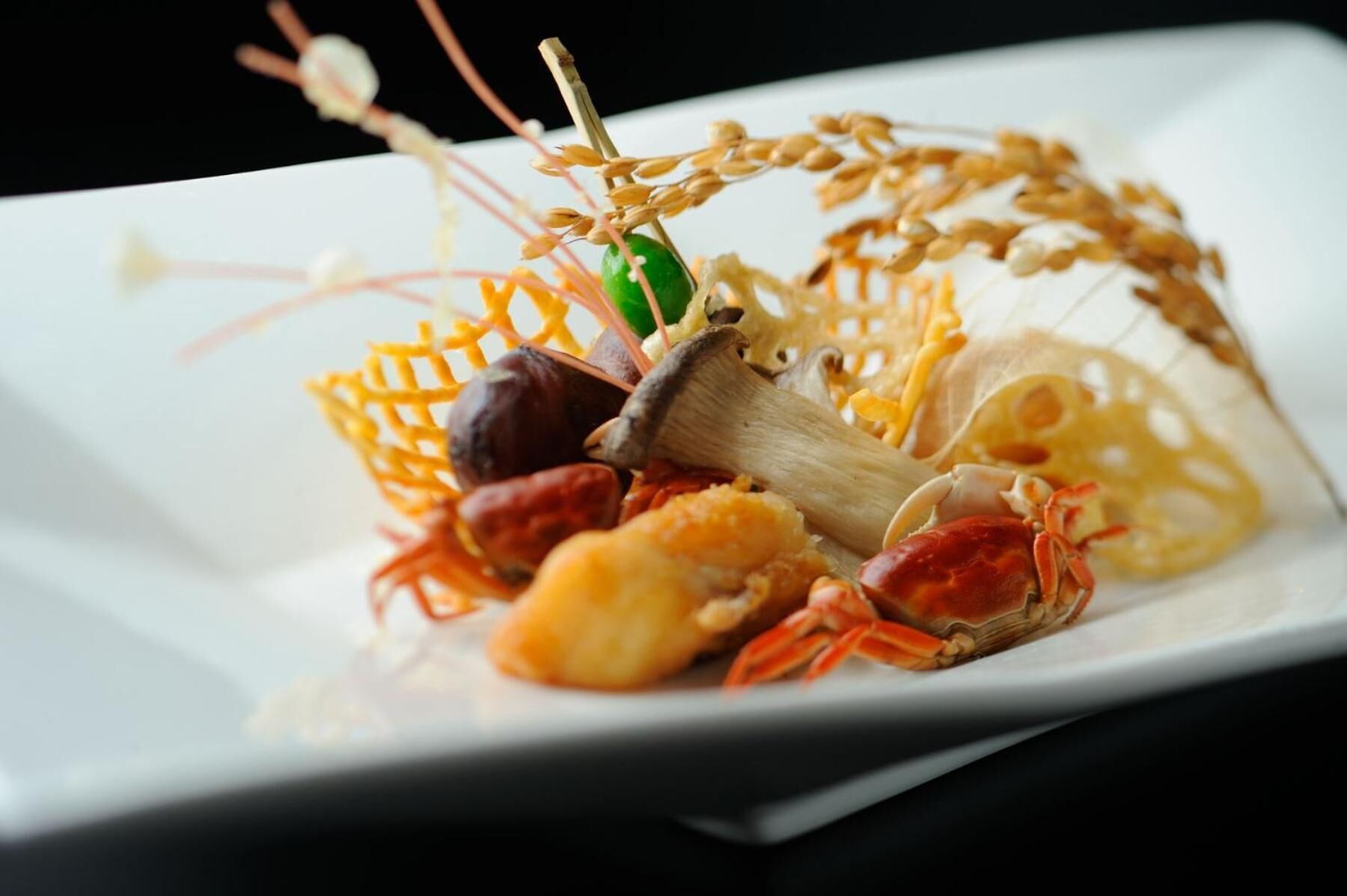 A seafood dish with crab, mushrooms, and other ingredients on a white plate.