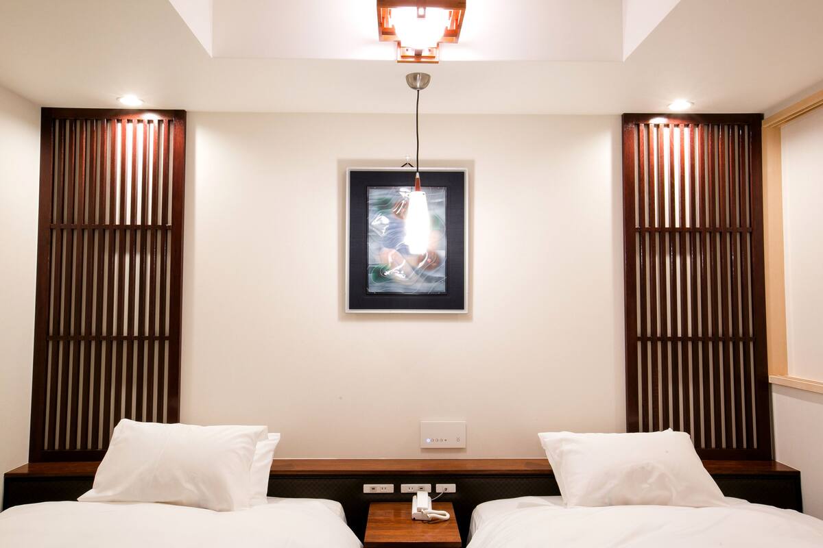 Habitación de hotel con dos camas, un cuadro en la pared y una lámpara del techo.